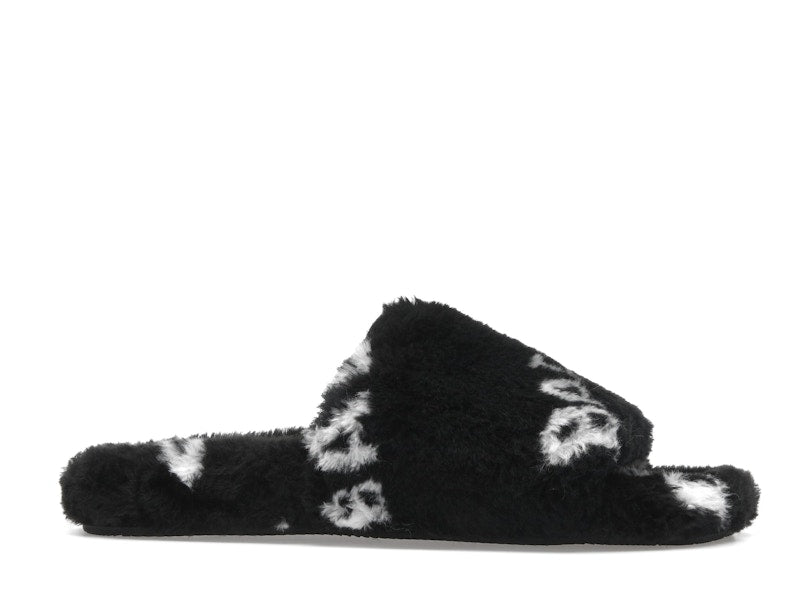 Balenciaga Furry Slide Fake Fur Logo Allover Black White