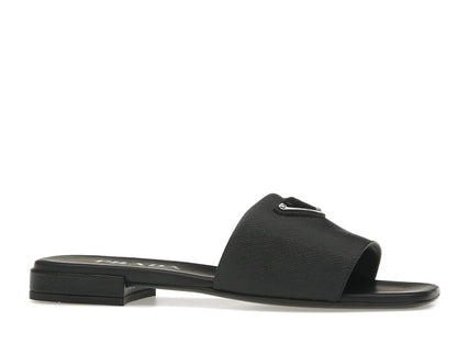 Prada Logo Slide Sandals Black Saffiano Leather