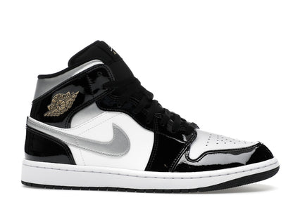 Jordan 1 Mid SE Patent Black White Metallic Silver Metallic Gold