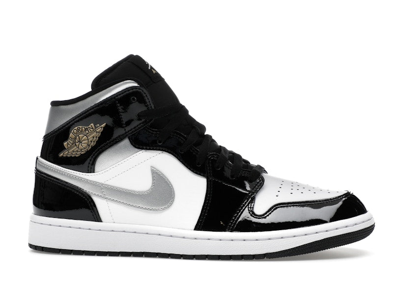 Jordan 1 Mid SE Patent Black White Metallic Silver Metallic Gold