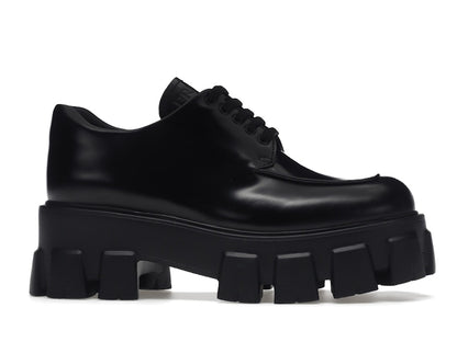 Prada Monolith 55mm Lace Up Loafer Black Brushed Leather