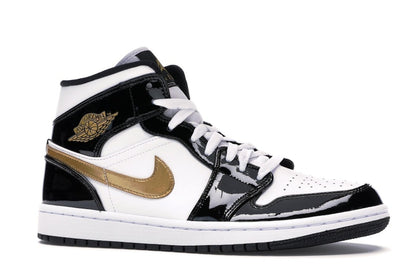 Jordan 1 Mid Patent Black White Gold