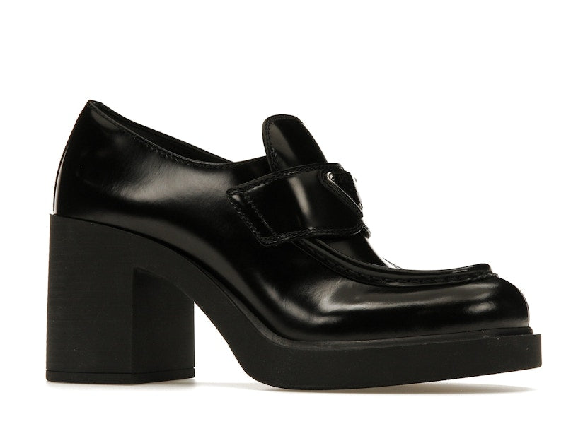Prada Chocolate High-Heeled 85mm Loafers Black Brushed Leather