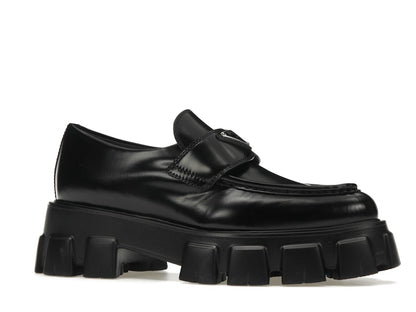 Prada Monolith 55mm Pointy Loafer Black Brushed Leather