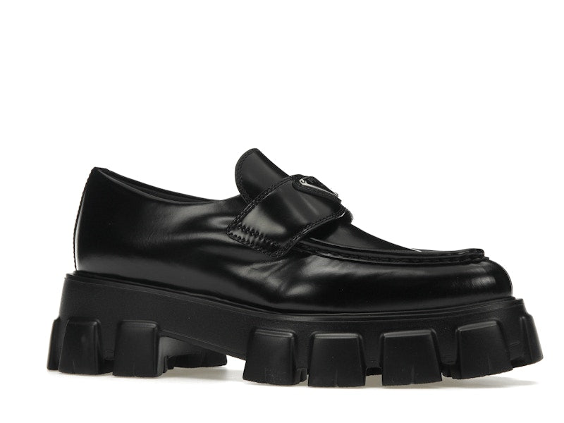 Prada Monolith 55mm Pointy Loafer Black Brushed Leather