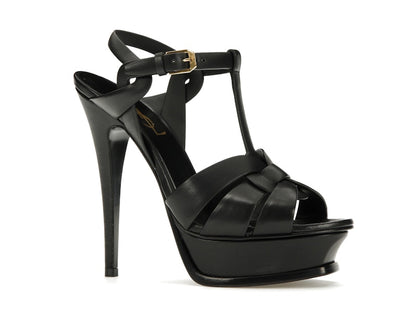 Saint Laurent Tribute Platform Sandal Heels Black Leather