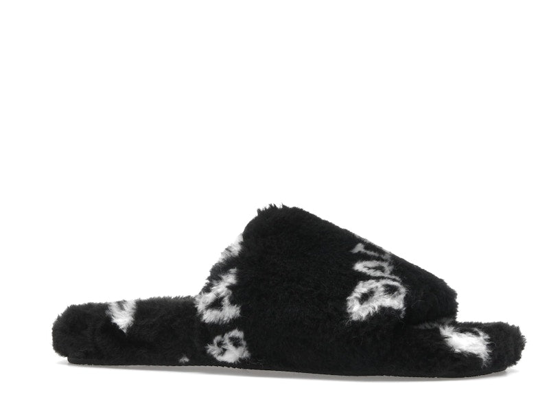 Balenciaga Furry Slide Fake Fur Logo Allover Black White
