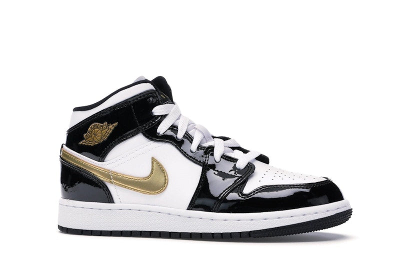 Jordan 1 Mid Patent Black White Gold (GS)