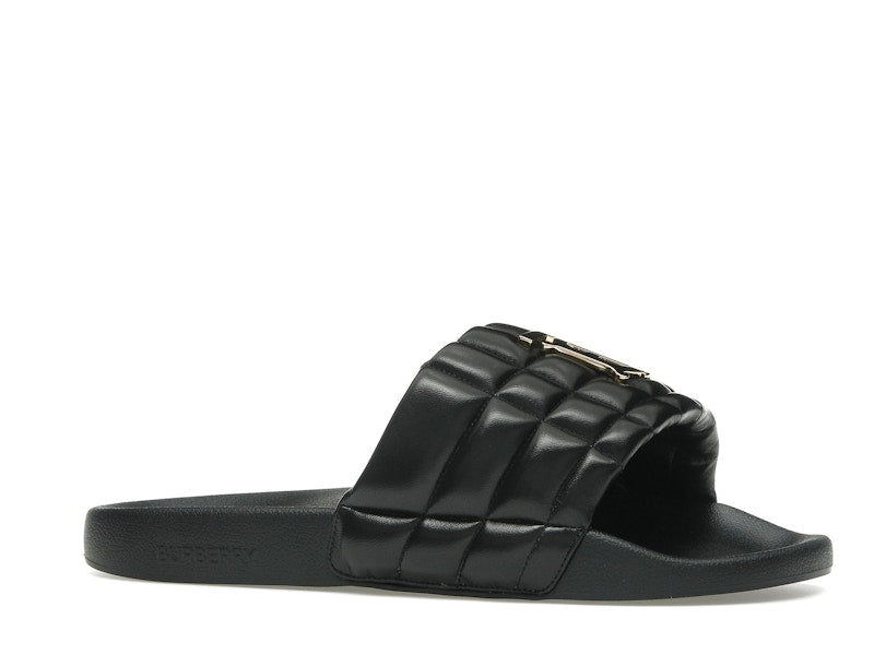 Burberry Monogram Motif Quilted Lambskin Slides Black Gold-tone