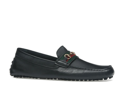 Gucci Ayrton Webbing-Trimmed Horsebit Leather Driver Loafers Black