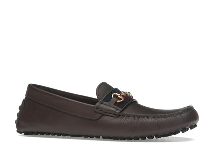 Gucci Ayrton Webbing-Trimmed Horsebit Leather Driver Loafers Brown