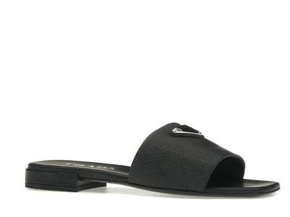 Prada Logo Slide Sandals Black Saffiano Leather