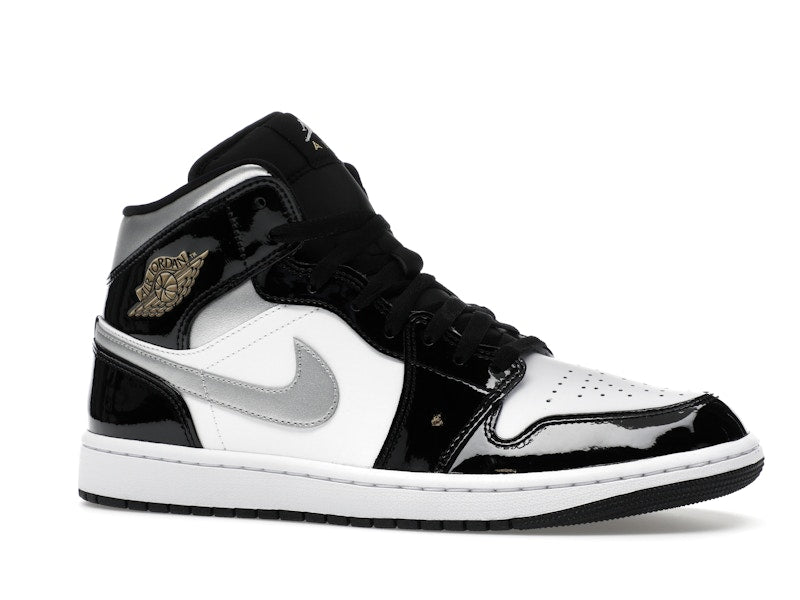 Jordan 1 Mid SE Patent Black White Metallic Silver Metallic Gold