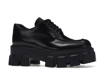 Prada Monolith 55mm Lace Up Loafer Black Brushed Leather