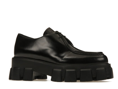 Prada Monolith 55mm Pointy Lace Up Loafer Black Brushed Leather