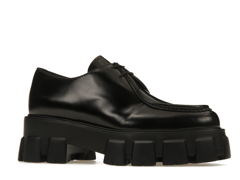 Prada Monolith 55mm Pointy Lace Up Loafer Black Brushed Leather