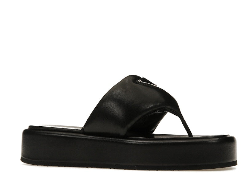 Prada Soft Padded 35mm Thong Wedge Sandals Black Nappa Leather