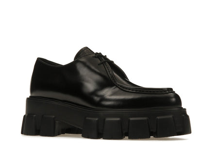 Prada Monolith 55mm Pointy Lace Up Loafer Black Brushed Leather