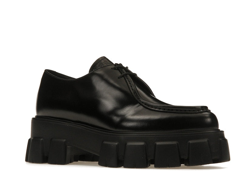 Prada Monolith 55mm Pointy Lace Up Loafer Black Brushed Leather