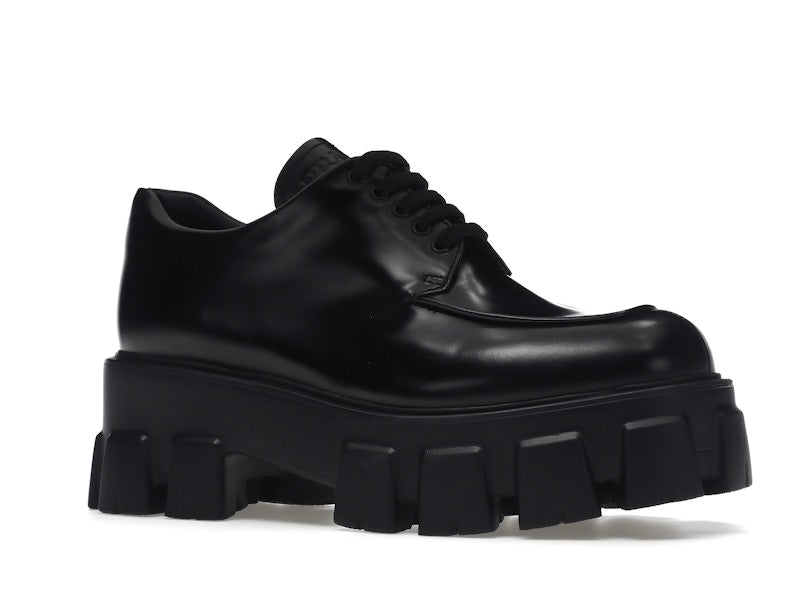 Prada Monolith 55mm Lace Up Loafer Black Brushed Leather
