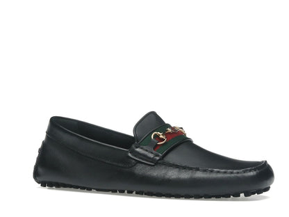 Gucci Ayrton Webbing-Trimmed Horsebit Leather Driver Loafers Black