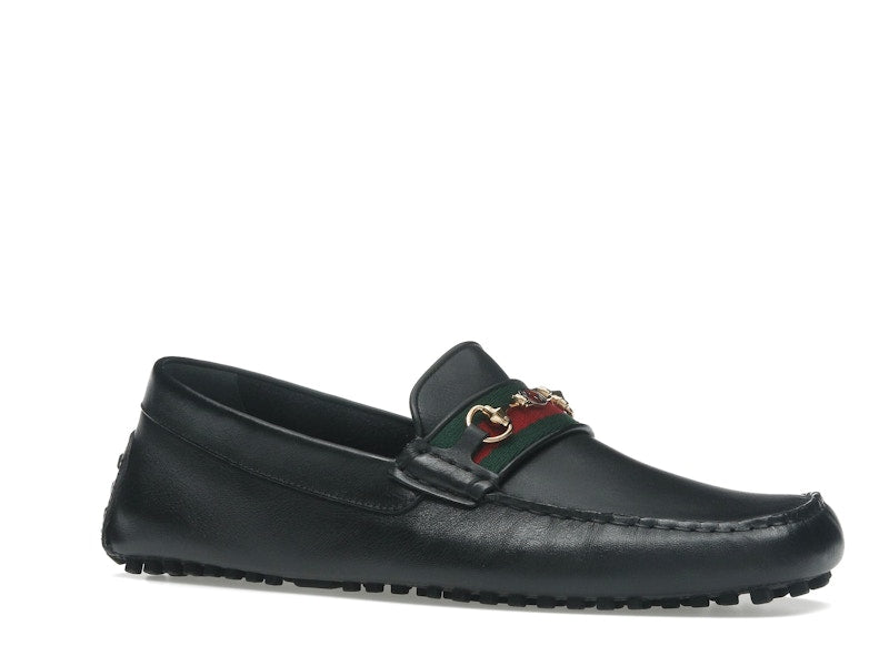 Gucci Ayrton Webbing-Trimmed Horsebit Leather Driver Loafers Black