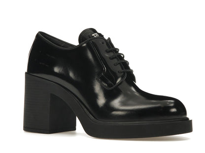Prada Lace Up 85mm Heels Black Brushed Leather