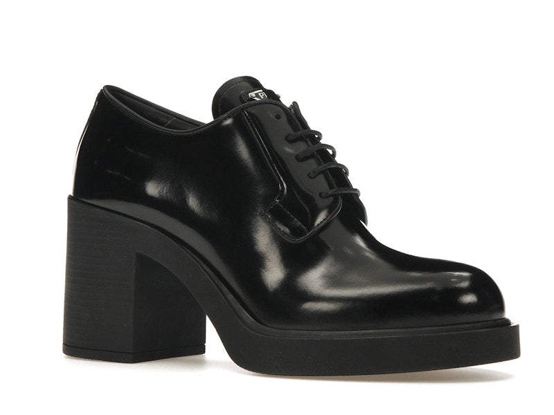 Prada Lace Up 85mm Heels Black Brushed Leather