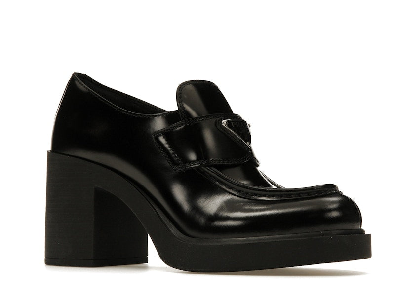 Prada Chocolate High-Heeled 85mm Loafers Black Brushed Leather