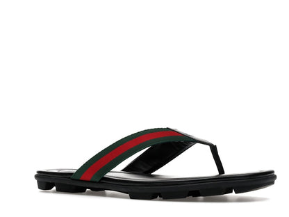 Gucci Web and Leather Thong Sandal Black Leather