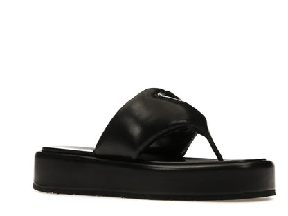 Prada Soft Padded 35mm Thong Wedge Sandals Black Nappa Leather