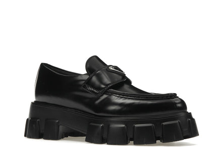Prada Monolith 55mm Pointy Loafer Black Brushed Leather