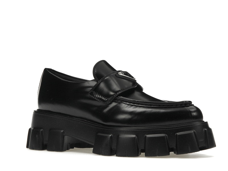 Prada Monolith 55mm Pointy Loafer Black Brushed Leather