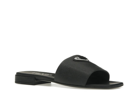 Prada Logo Slide Sandals Black Saffiano Leather