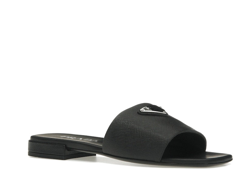 Prada Logo Slide Sandals Black Saffiano Leather
