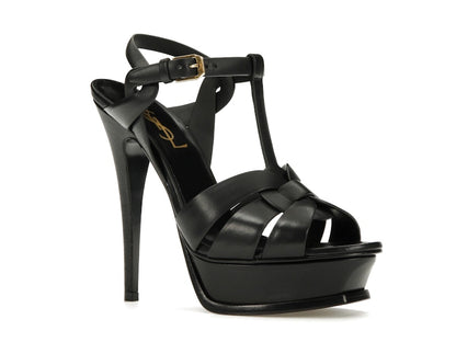 Saint Laurent Tribute Platform Sandal Heels Black Leather