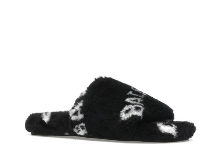 Balenciaga Furry Slide Fake Fur Logo Allover Black White