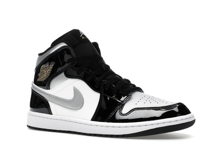 Jordan 1 Mid SE Patent Black White Metallic Silver Metallic Gold