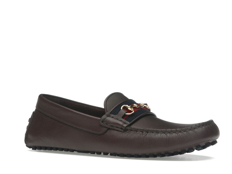 Gucci Ayrton Webbing-Trimmed Horsebit Leather Driver Loafers Brown