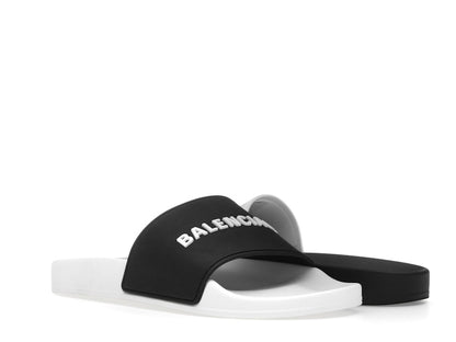 Balenciaga Pool Slides Logo White Black Alternate