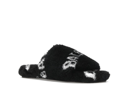 Balenciaga Furry Slide Fake Fur Logo Allover Black White