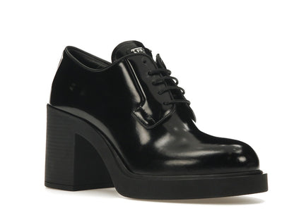 Prada Lace Up 85mm Heels Black Brushed Leather