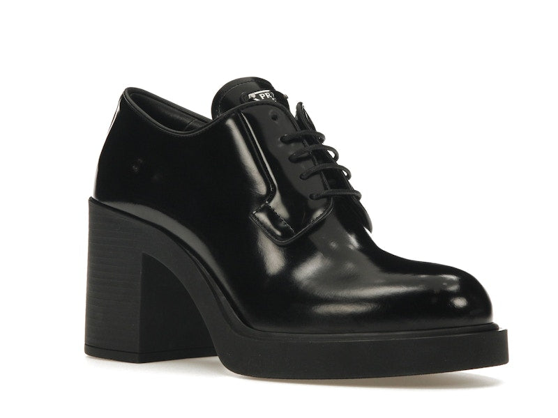 Prada Lace Up 85mm Heels Black Brushed Leather