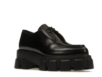 Prada Monolith 55mm Pointy Lace Up Loafer Black Brushed Leather