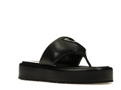 Prada Soft Padded 35mm Thong Wedge Sandals Black Nappa Leather