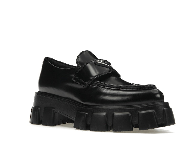 Prada Monolith 55mm Pointy Loafer Black Brushed Leather