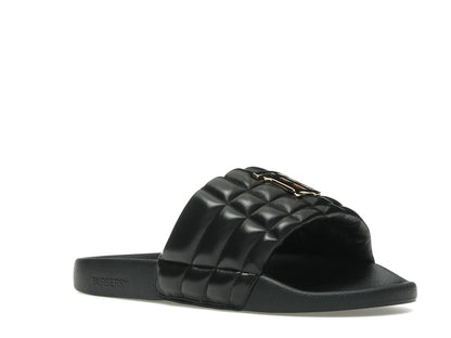Burberry Monogram Motif Quilted Lambskin Slides Black Gold-tone