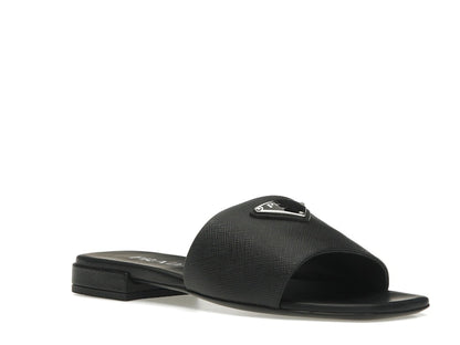 Prada Logo Slide Sandals Black Saffiano Leather