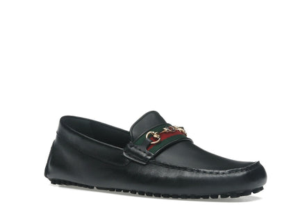 Gucci Ayrton Webbing-Trimmed Horsebit Leather Driver Loafers Black