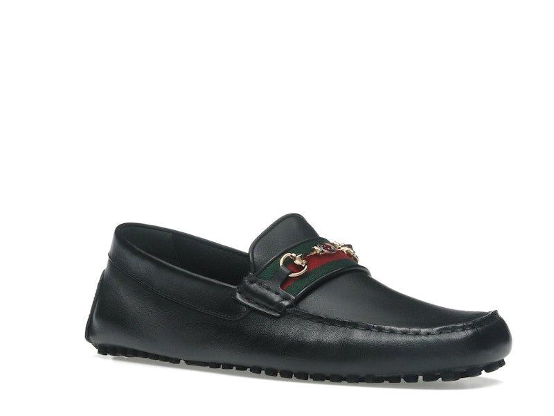 Gucci Ayrton Webbing-Trimmed Horsebit Leather Driver Loafers Black